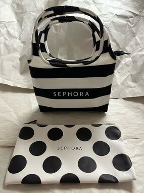 NEW SEPHORA Black & White Stripe Tote with Polka Dot Pouch